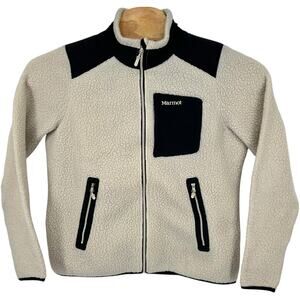 Women's Cream Black Marmot Wiley Sherpa Fleece Full Zip Sweatshirt Jacket Sz L